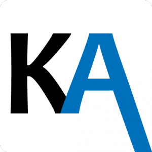 Logo des Küchenhaus Arnstadt, schwarzes "K" und blaues "A" auf weißem Hintergrund