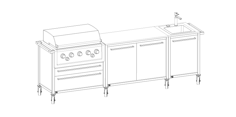 Modul Burnout Küche mit gasgrill links und Spüle rechts