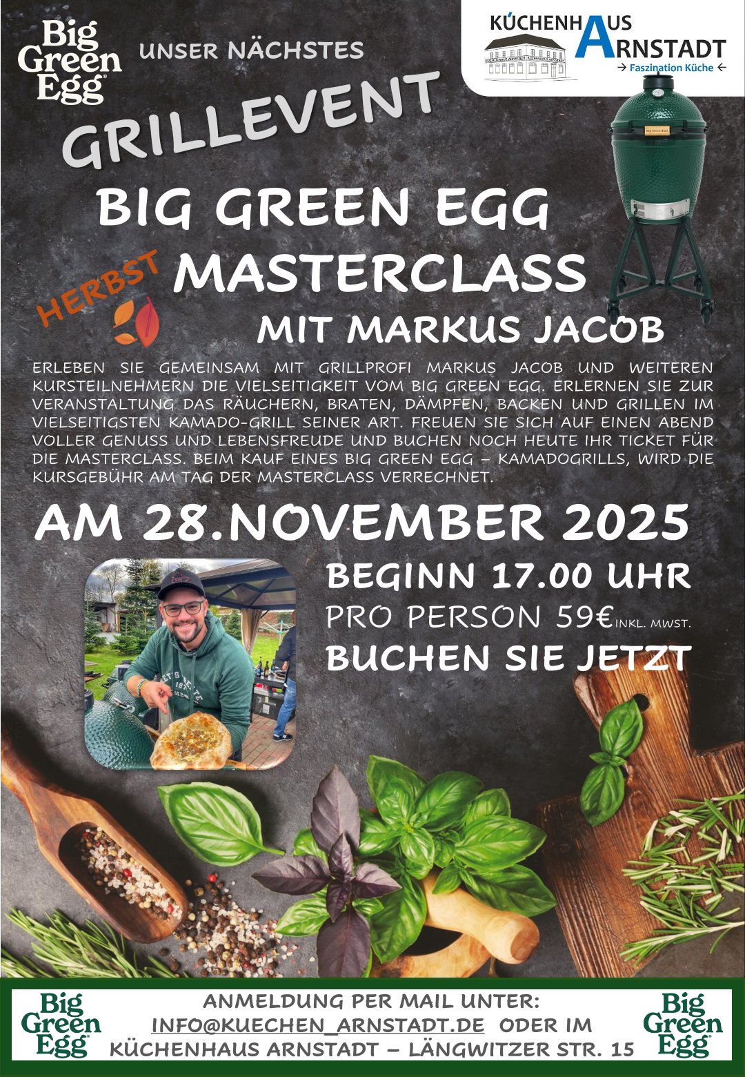 Flyer zum Grillevent „Big Green Egg Herbst-Masterclass“ mit Markus Jacob am 28. November 2025 im Küchenhaus Arnstadt.