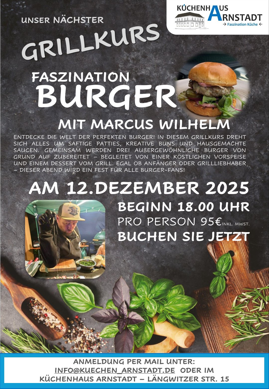 Flyer zum Grillkurs „Faszination Burger“ mit Marcus Wilhelm am 12. Dezember 2025 im Küchenhaus Arnstadt.